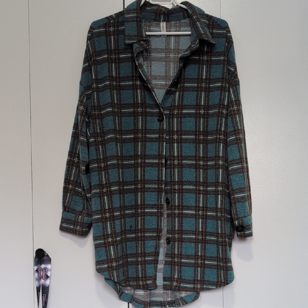 Zenana Outfitters Teal and Brown Plaid Button Down Shirt With Pockets (Shacket)